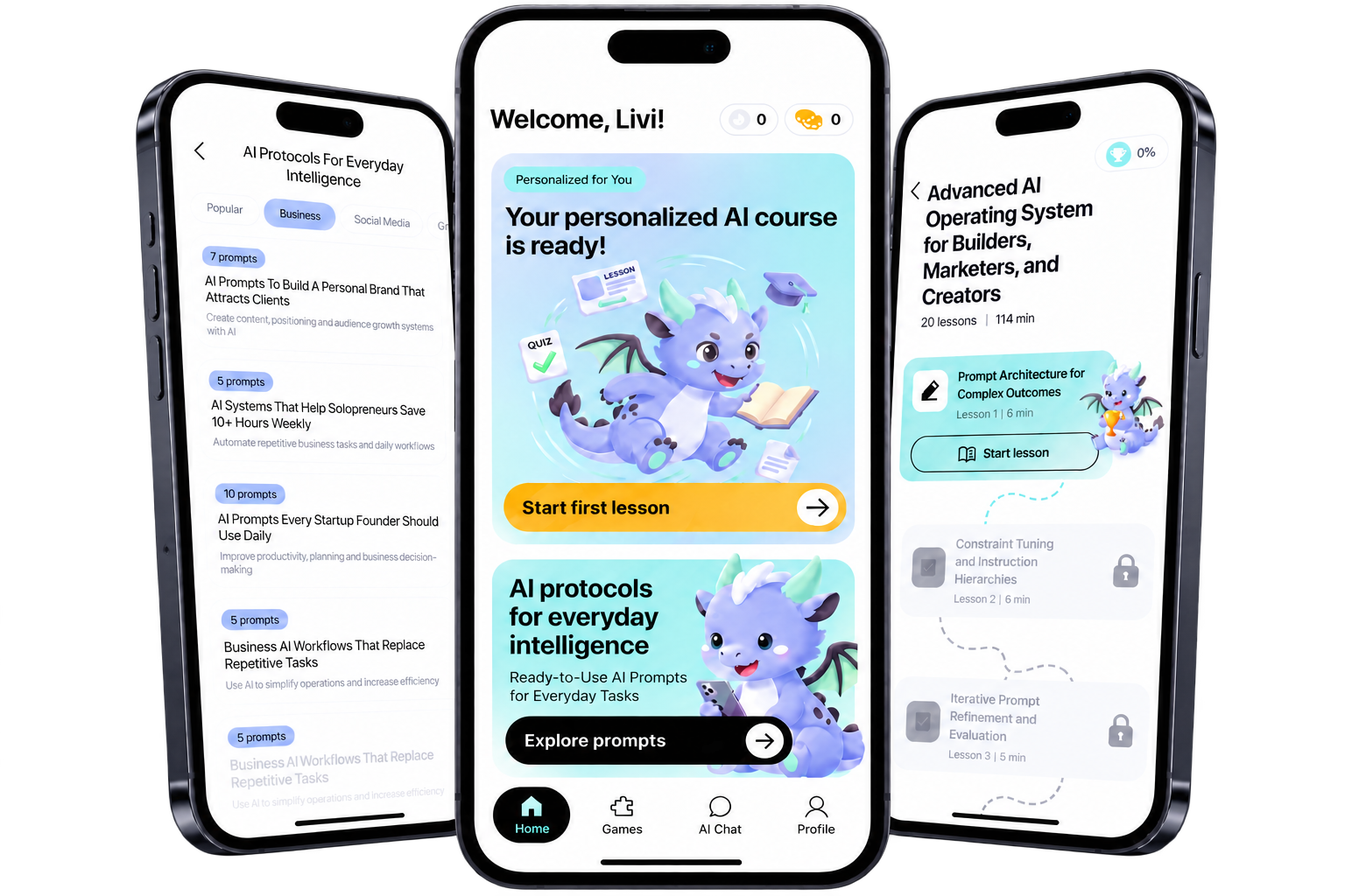 Three iPhones showing Livi Academy personalized courses, AI prompts, and lessons